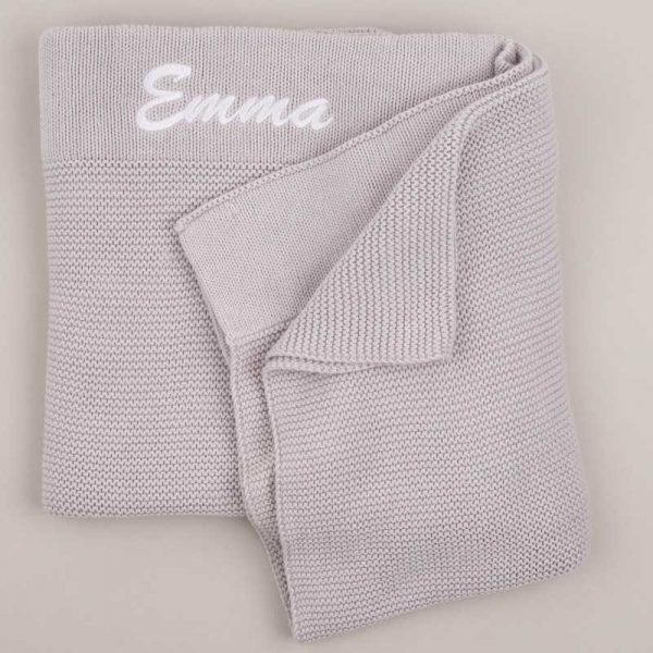 Personalised Light Grey Knitted Blanket personalised with the name Emma
