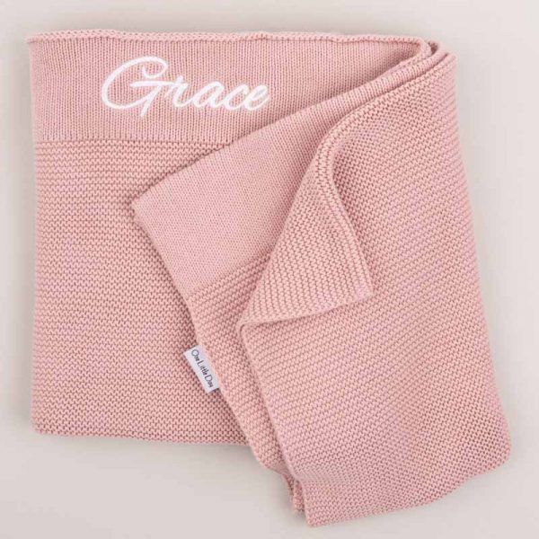 Blush Pink Knitted Personalised Baby Blanket with the name Grace