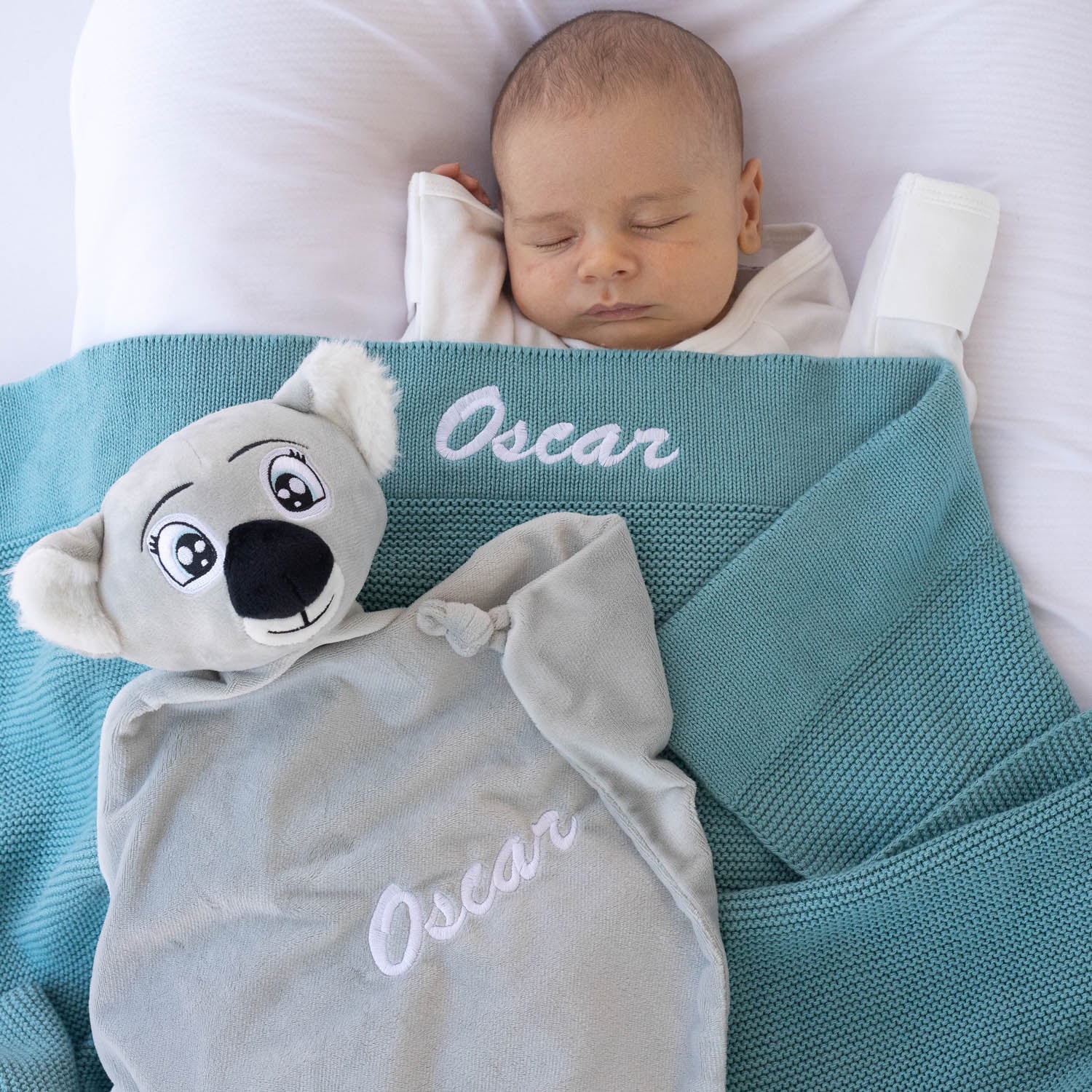Personalised Ocean Blue Blanket And Koala Baby Gift With Boys Name Oscar.