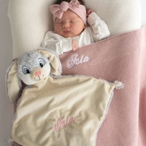 Personalised Baby Girl Gift including, bunny comforter, blanket & a sleeping baby.