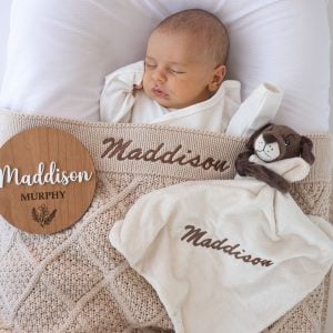 Personalised Beige Diamond Blanket Puppy And Baby Name Disc Maddison