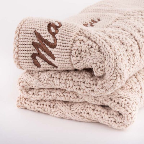 Personalised Beige Diamond Knitted Blanket with brown embroidery.