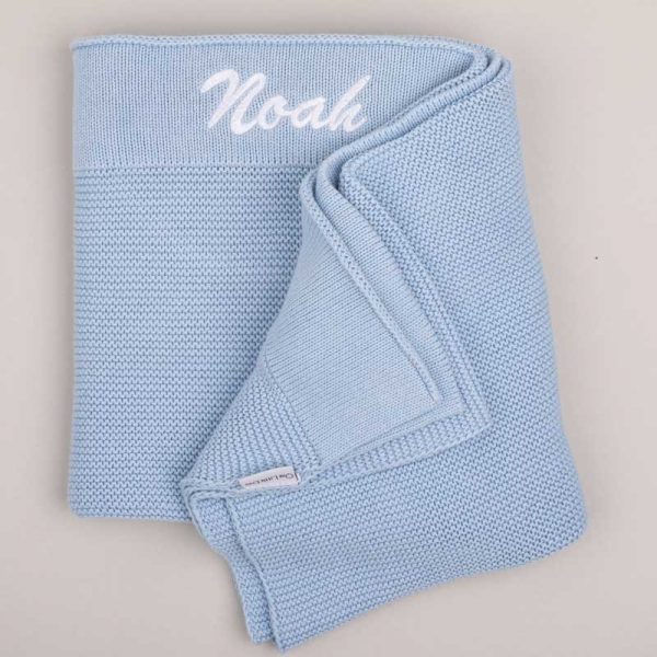 Personalised Blue Baby Blanket Knitted Embroidered with boys name, Noah.