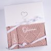 Personalised Blush Pink Diamond Blanket & Beanie Set. Gift Box Personalised dusty pink cable knit baby blanket and beanie gift set presented in a One Little Day white gift box