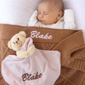 Personalised Brown Diamond Knitted Blanket And Bear Baby Gift Blake