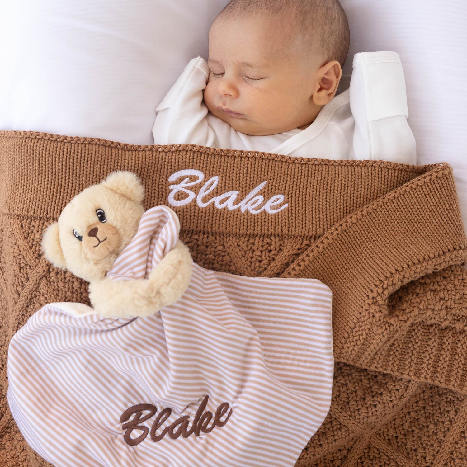 Personalised Brown Diamond Knitted Blanket And Bear Baby Gift Blake