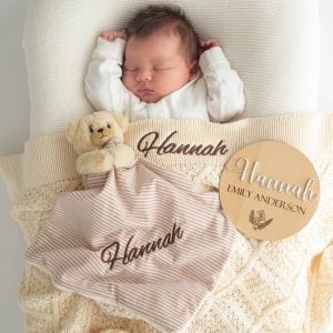 Personalised Cream Diamond Blanket, Bear and Baby Name Disc.
