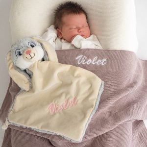 Personalised Dusty Lilac Knitted Blanket Grey Bunny Baby Gift