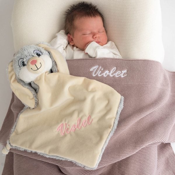 Personalised Dusty Lilac Knitted Blanket Grey Bunny Baby Gift Personalised Dusty Lilac Knitted Blanket Grey Bunny Baby Gift
