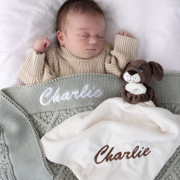 Personalised Green Sage Diamond & Puppy Gift. Charlie Sleeping newborn with personalised sage green diamond knitted baby blanket and cream puppy comforter, both with white and brown embroidered script name on white bedding.