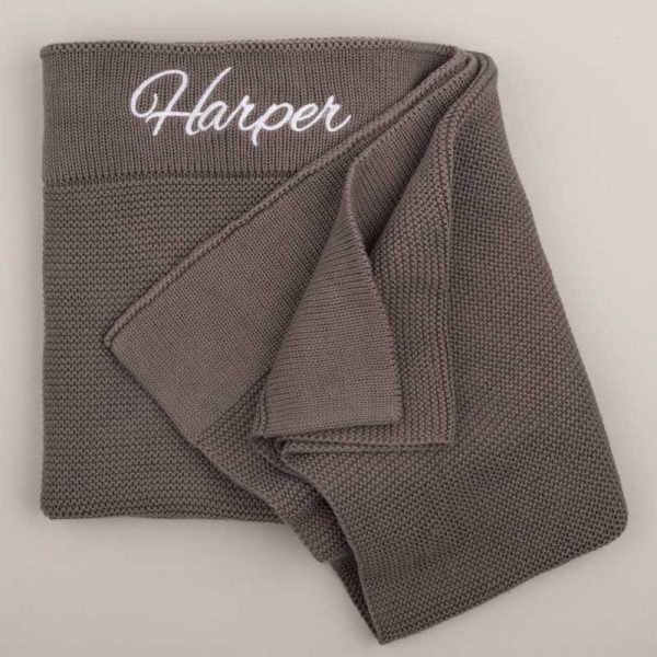 Personalised Olive-Green Baby Blanket Knitted with the name Harper.