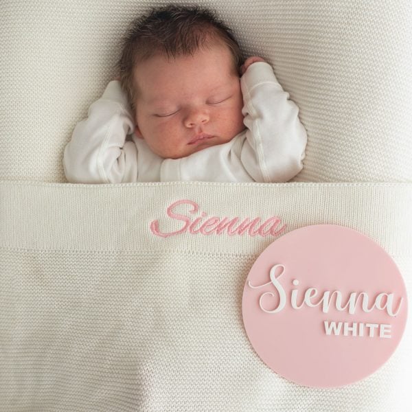 Personalised White Knitted Blanket And Pink Acrylic Baby Disc Personalised White Knitted Blanket and Pink Acrylic Baby Disc with girls name Sienna.