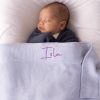 Personalised Lavender Blanket Embroideered With Purple Text. Personalised Lavender Blanket Embroideered With Purple Text.