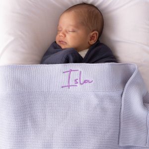 Personalised Lavender Blanket Embroideered With Purple Text.