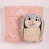 Pink Diamond Knitted Baby Blanket & Grey Bunny Comforter Personalised pink diamond knit baby blanket with white name embroidery and grey bunny comforter with pink name embroidery