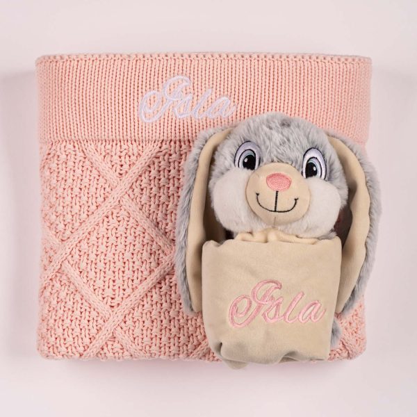 Pink Diamond Knitted Baby Blanket & Grey Bunny Comforter Personalised pink diamond knit baby blanket with white name embroidery and grey bunny comforter with pink name embroidery