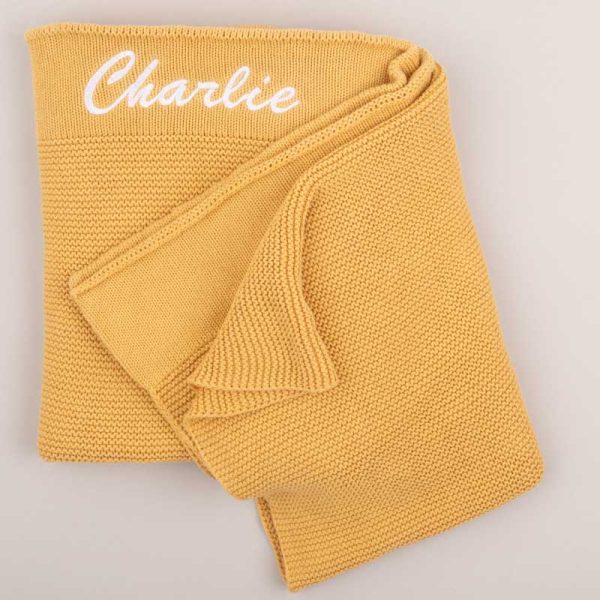 Personalised Yellow-Mustard Baby Blanket Knitted Embroidered With The Name Charlie.