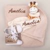 3 Pc Beige Giraffe Baby Gift Beige Knitted Blanket, Giraffe Comforter & Shoes Baby Gift embroidered in brown with the name Amelia.