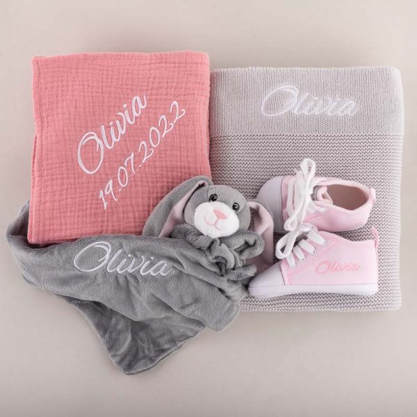 4-piece Light Grey Knitted Blanket Baby Girl Gift Set