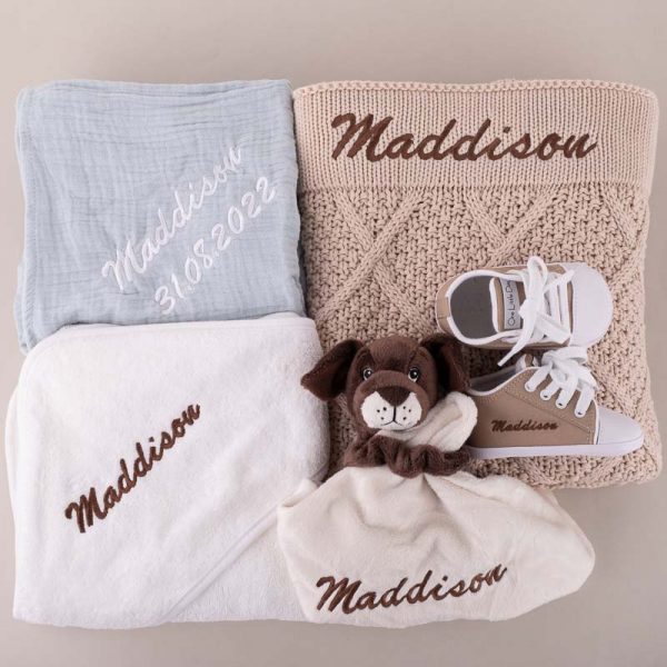 5-Piece Diamond Personalised Baby Hamper with the name Maddison.