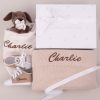 Baby Gift - Beige Knitted Blanket, Puppy Comforter and Shoes personalised with the name Charlie in brown text.