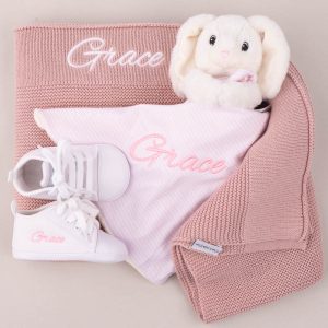 Blush Pink Knitted Blanket, Comforter & Shoes Personalised Baby Hamper Embroidered with Grace.