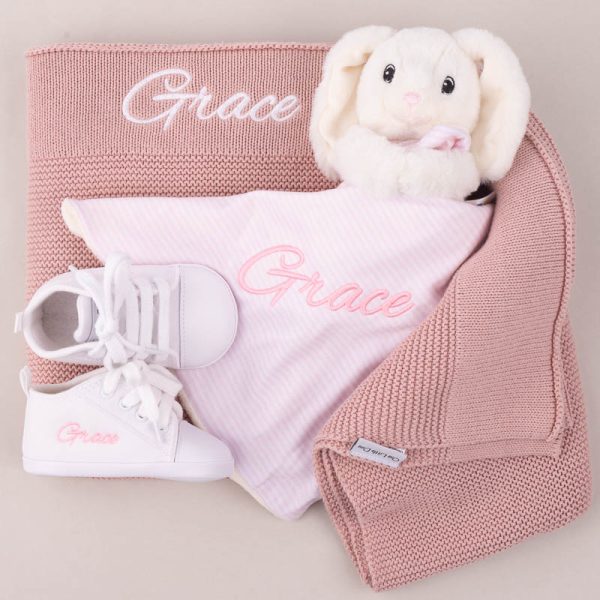 Blush Pink Knitted Blanket, Bunny & Shoes Personalised Baby Gift