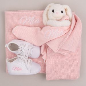 Pink Knitted Blanket, Bunny Comforter & White Baby shoes personalised with the name Mia