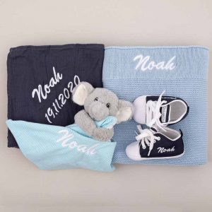 4-piece Blue Knitted Blanket Boy's Baby Gift Box with Noah in white