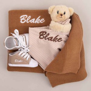Bear Comforter, Brown Knitted Blanket & Shoes Baby Gift personalised with the name Blake