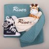 Ocean Blue Blanket baby gift A baby gift set including knitted blanket, giraffe comforter and navy baby shoes.