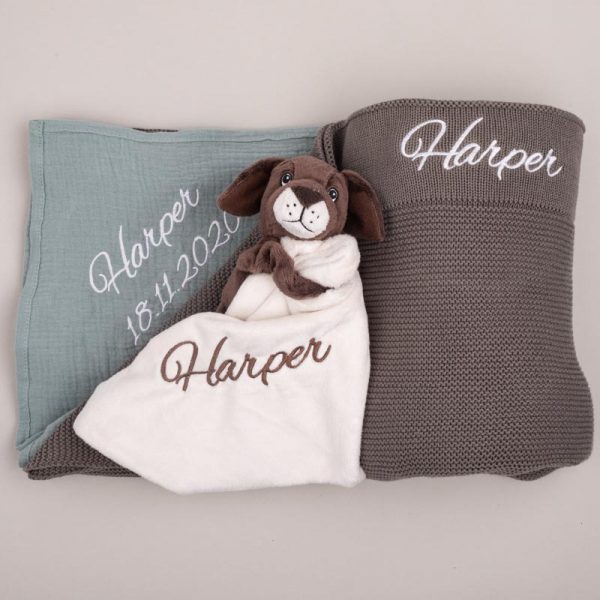 Personalised Baby Gift Box Olive Blanket embroidered with Harper.