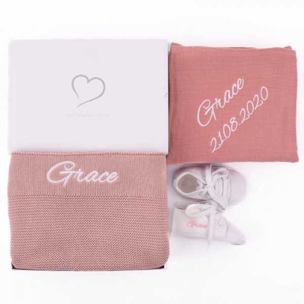 Personalised Girl Baby Gift Blush Knitted Blanket, Wrap & Shoes.