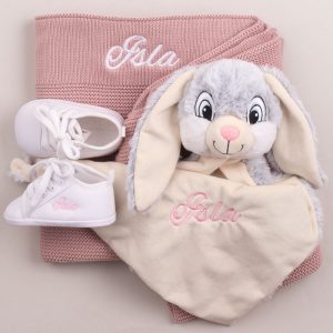 One of our baby girl gifts including a Grey Bunny, Blush Pink Blanket & Shoes embroidered with Isla.