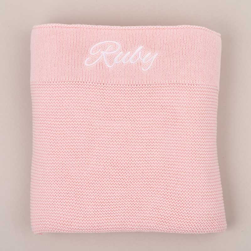 Personalised Pink Knitted Blanket for baby girls, embroidered with Ruby.