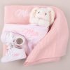 Pink Blanket, Bunny 3pc Baby Gift Pink Knitted Blanket, Bunny Comforter & White Baby shoes personalised with the name Mia.