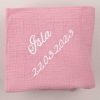 Pink Muslin Baby Wrap gift for girls personalised in white with Isla and a date of birth.