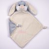 Grey Bunny Baby Comforter Isla Personalised grey bunny comforter with Isla embroidered in pink on cream blanket with knotted corners