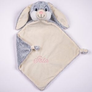 Personalised grey bunny comforter with Isla embroidered in pink on cream blanket with knotted corners
