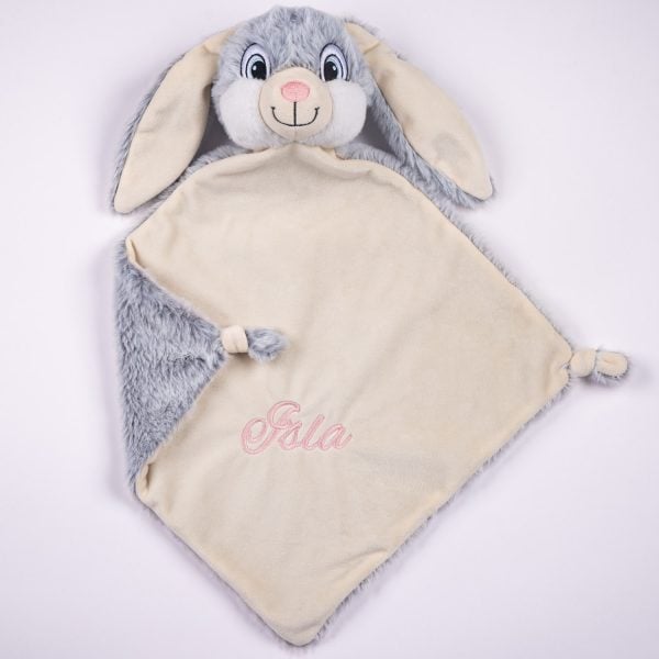 Personalised grey bunny comforter with Isla embroidered in pink on cream blanket with knotted corners