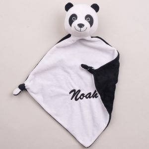 Personalised Panda Baby Comforter embroidered with boys name Noah using black thread.