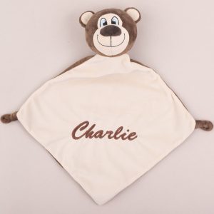 Personalised Brown Baby Bear Comforter embroidered with Charlie.