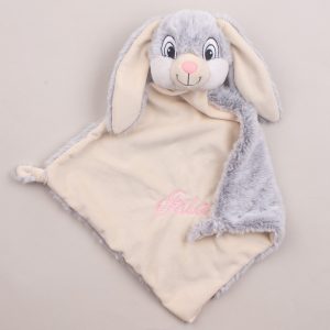 Personalised Baby Comforter Grey Bunny embroidered with girls name Isla using pink thread.