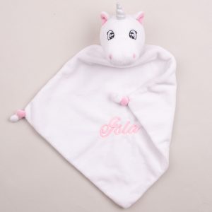 Personalised Unicorn Baby Comforter with the name Isla embroidered with pink thread.