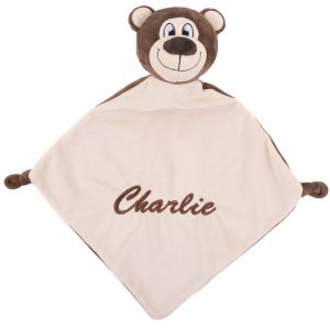 Personalised Brown Bear Baby Comforter embroidered with the name Charlie.