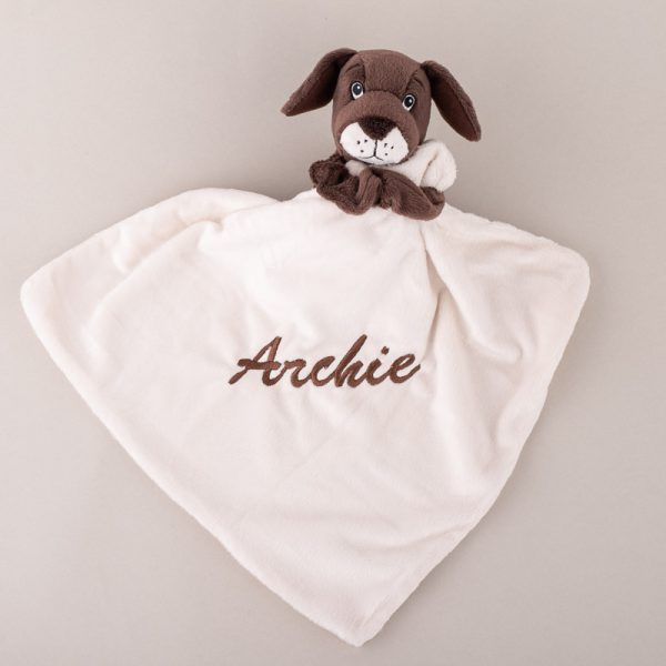 Personalised Puppy comforter gift for babies embroidered with Archie.