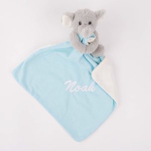 Grey & Blue elephant baby comforter personalised with the baby name Noah.
