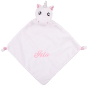 Personalised Unicorn Baby Comforter with the name Isla embroidered.