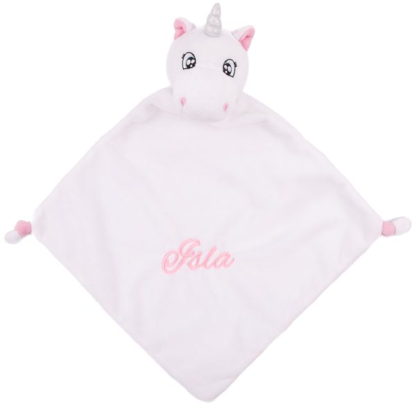 Personalised Unicorn Baby Comforter with the name Isla embroidered.