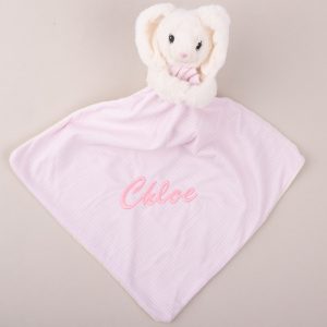 Personalised White Bunny Baby Comforter embroidered with Chloe. using pink thread.